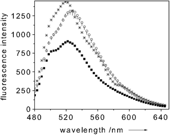 Room temperature emission spectrum of Mb paired with fluorescein (exc 450 nm) (○ trace), upon reduction to O2-free(Fe2+)Mb (■ trace), upon addition (* trace) and removal (| trace) of O2. Protein concentration: 10 µM in 100 mM potassium phosphate buffer (pH = 6.8).