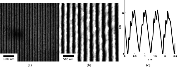 (a) SEM images of SnO2 nanowires synthesized from a 42 nm film at 300 mJ cm−2 and an interference angle of 72°. SnO2 rich and poor regions correspond to bright and dark contrasts, respectively. The average nanowire spacing is 232.3 nm while average width was estimated to be 97 nm. (b) AFM topography image of SnO2 nanowires of the same sample as (a). (c) A typical AFM line profile of the nanowires of (b). From such line profiles, the average nanowire height, hnw, could be calculated, and in this case it was 16 nm.