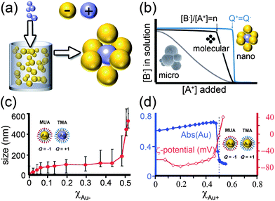 
              a) Scheme of the titration experiment in which a solution of negatively charged NPs (e.g., Au/SH-(CH2)11-COO−, MUA; yellow) is titrated with a solution containing positively charged NPs (e.g., Ag/SH-(CH2)11-N(CH3)3+, TMA; blue-gray). When a small number of positively charged NPs are added to a large number of negatively charged NPs, they form clusters whose negative surface charge stabilizes them in solution. b) The titrated nanoparticles precipitate from solution sharply only upon reaching the point of whereby the charges on the NPs are balanced. In contrast, molecular ions precipitate at the product of solubility, whereas oppositely charged colloids precipitate continuously. c) Average size of aggregates measured by DLS during titration of 11 nm AuMUAs with 11 nm AgTMAs. d) Intensity of the Au SPR band at λmax 520–550 nm (blue line) and the values of the ζ-potential (red line) for the titrations of oppositely charged, 5.5 nm AuNPs. Figure adapted with permission from ref. 190. Copyright 2006 American Chemical Society.