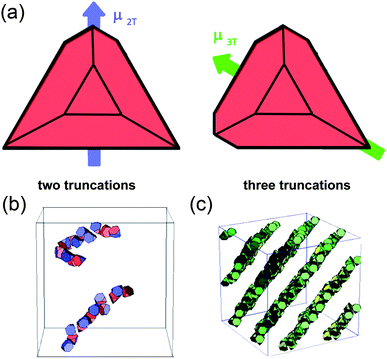 
              (a) The direction of dipole moments in tetrahedral CdTe nanoparticles with two and three truncations. (b, c) Computer simulations of the assembly of CdTe nanoparticles into (b) chains and (c) sheets. From ref. 207. Reprinted with permission of AAAS.