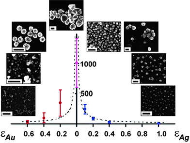 Size control during crystallization of equally sized, ∼5 nm AuMUA and AgTMA nanoparticles at pH 10. The graph plots average sizes (in nm) of crystals grown with different amounts of excess gold or silver NPs (εAu/εAg, respectively). Vertical bars denote the ranges of the crystals sizes observed; insets have the SEM images of typical crystals (scale bars are 100 nm for εAu = 0.6 and εAg = 0.2, 0.4, 1.0, and 1 μm for all other experiments). Dashed line is a theoretical fit to the expected d ∝ 1/εAg dependence. Reprinted with permission from ref. 249. Copyright 2007 American Chemical Society.