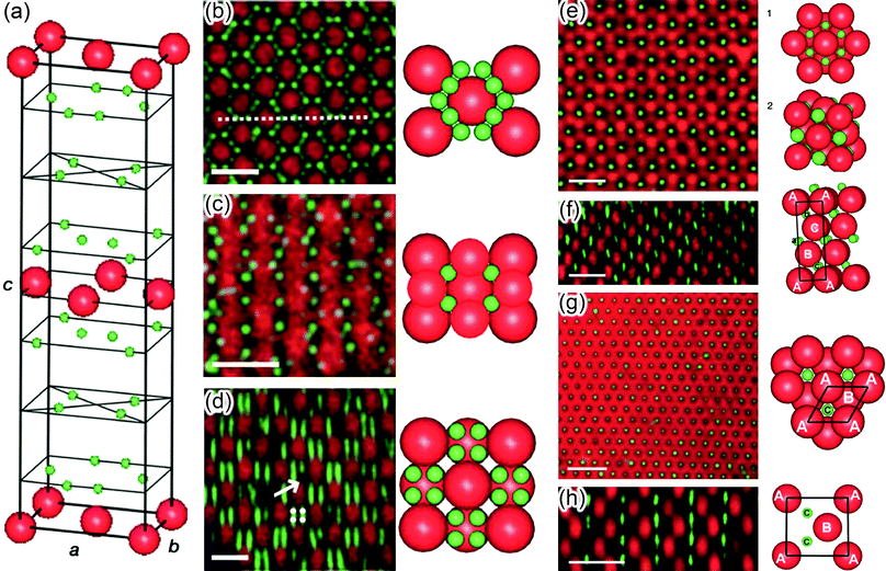 
              (a–d)
              AB6-type binary crystals. Positive (green, radius 0.36 μm) and negative (red, 1.16 μm) PMMA-particles in TBAB-containing CHB-decalin, forming a structure with AB6 stoichiometry. (a) Unit cell and (b–d) confocal images and models of different ab-projections. The arrow indicates a “missing” particle. All scale bars are 4 μm. (e–h) AB-type binary crystals. Charged (red, radius 1.16 μm) and uncharged (green, 0.36 μm) PMMA-particles in CHB-decalin. Confocal images of (e, f)NaCl-type- and (g, h) NiAs-type crystal. Reprinted by permission from Macmillian Publishers Ltd: Nature, 2003.30