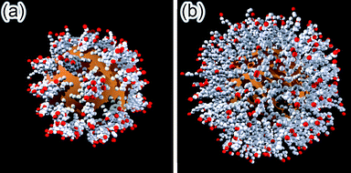 Monte Carlo simulation of spherical nanopartciles functionalized with ligands having hydrophobic tails terminated in (a) uncharged and (b) charged groups. In SAMs presenting charged end-groups, the ligands are more strateched out and form a more homogeneous monolayer. In both cases, the simulation accounts for 392 ligands, 10 monomers each, bound to a 5 nm particle (as in, for example, 5 nm AuNPs covered with alkane thiolates).