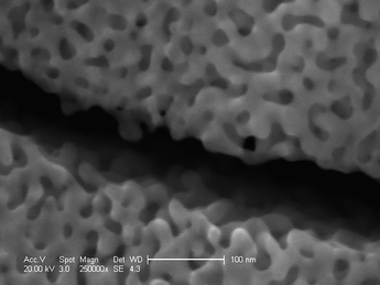 Crack in a nanoporous gold (obtained from a Au30Ag70) showing no obvious sign of ductile failure in the 10–20 nm ligaments.