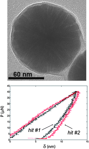 (a) TEM analysis of a 150 nm CNP characterized by a ∼10 nm thick silica shell coating the magnetic Co2B core of ∼130 nm. Radial defects exist in the core of transition metal cobalt boride (credits: V. Salgueirino-Maceira, Univ. Vigo). (b) Repeated compression tests on a target CNP unveiled special plastic effects such as reverse plasticity at moderate loading range.