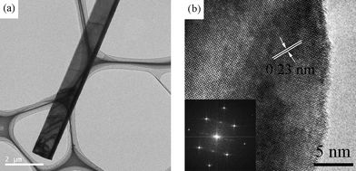 (a) TEM image of an individual Ga2O3 nanobelt, confirming the belt-like structure. (b) Corresponding HRTEM image and inserted FFT pattern demonstrating the single-crystalline characteristics.