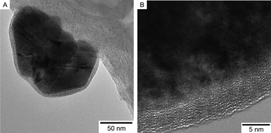 
            TEM of the [Cu2O/MWCNT]catalyst after reaction (a) overview of the agglomerated copper particle and (b) higher magnification of the outer surface of the particle.