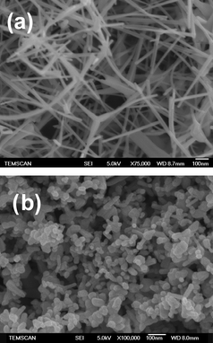
          SEM images of zinc oxide supports (a) laboratory-grown tetrapods ZnOT and (b) commercial ZnOD.