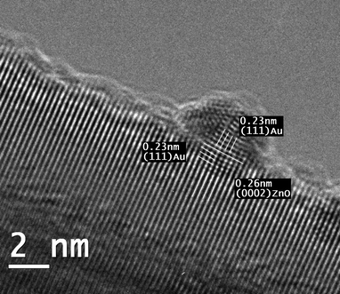 
          High resolution electron microscopy image of epitaxially grown gold nanoparticles on ZnOT.