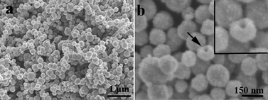 
          SEM images of as-prepared porous SnO2 nanospheres at (a) low and (b) high magnification. Inset in (b): the single porous SnO2 nanosphere.