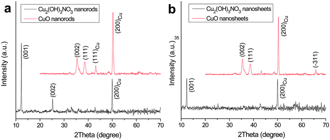 XRD patterns of Cu2(OH3)NO3 and CuO nanostructures. The peaks from the Cu substrate are indicated.