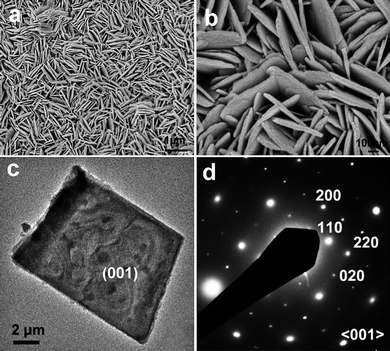 (a, b) FESEM images of Cu2(OH3)NO3 nanosheets; (c) TEM image of a single nanosheet, of which the corresponding SAED pattern is shown in (d).
