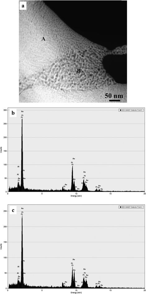 (a) HAADF-STEM image showing the microstructure of the np-Pt60Au40 NCs fabricated by dealloying the rapidly solidified Al75Pt15Au10 precursor in the 20 wt.% NaOH solution, and (b,c) NB-EDX spectra corresponding to zone A and B, respectively.