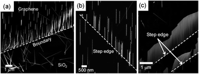 (a) SEM image of vertically aligned ZnO nanorods grown on graphene layers prepared on a SiO2/Si substrate. (b, c) SEM images of ZnO nanostructures near the step edges of graphene. (Adapted from ref. 22 with permission.)