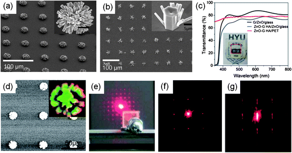 (a, b) SEM images of a ZnO nanorod–graphene hybrid structures on textured ZnO layer (a) and ZnO epilayer as seeding layers (b). (c) Optical transmittance spectra of the ZnO nanorod–graphene hybrid structure on the ZnO coated glass substrate. Inset: photograph of the hybrid structure. (d) Cathodoluminescence image of the hybrid structure showing distinct light emission from the array of ZnO nanorods (inset). (e) Photograph of the experimental setup to study the optical diffraction of a ZnO nanorod–graphene hybrid structure. Up to five orders of diffraction spots are clearly observed. (f, g) Optical diffraction patterns for the hybrid structure on a plastic substrate before bending (f) and after bending (g) down to a radius curvature of 4 mm. (Adapted from ref. 59 with permission.)