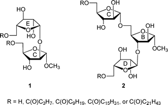 Model di- and trisaccharide glycolipids 1 and 2.