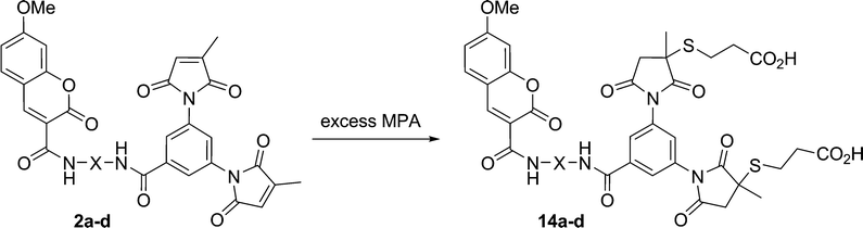 
            Fluorogenic thiol
            addition reaction between coumarin fluorogens and MPA.