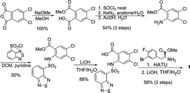 First-generation synthesis of compound 1.