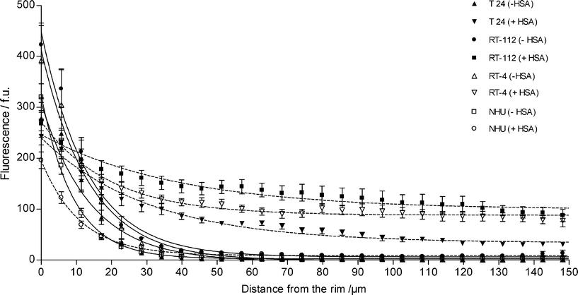 
            Hypericin fluorescence vs. distance from spheroid periphery after curve fitting using nonlinear regression. NHU and UCC (T24, RT-112 and RT-4) spheroids were exposed to 10 μM hypericin in the presence (dashed lines) or absence of HSA (0.3% [m/v]) (solid lines) for 2 h. The quantification was performed in 5.7 μm concentric layers on 5 μm centrally cut sections of the spheroids. Corrections were made for autofluorescence. Values represent the mean ± SEM (n = 6 for UCC spheroids; n = 30 for NHU spheroids [5 different patients]).