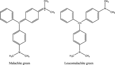 Chemical structures of malachite green (MG) and leuco-malachite green (LMG).