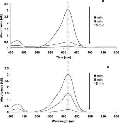 
            UV-Vis spectral changes induced by UV-irradiation of (a) MG-oxalate and (b) MG-chloride aqueous solutions in the presence of TiO2 under N2 atmosphere at pH 3.0.