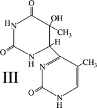 Structure of 6-4′-(5′-methylpyrimidin-2′-one)-5-hydroxy-5-methyl-5,6-dihydrouracil, the Thy(6–4)Thy adduct.