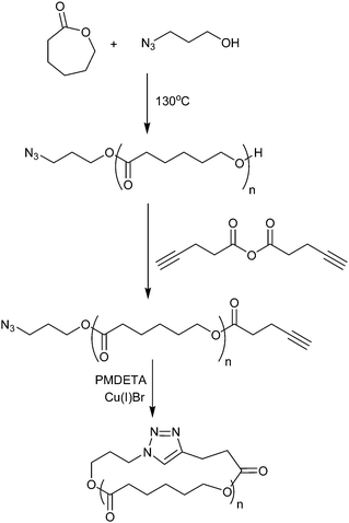 Synthesis of cyclic poly(ε-caprolactone) via a combination of ring opening polymerization and “click” chemistry.28,81