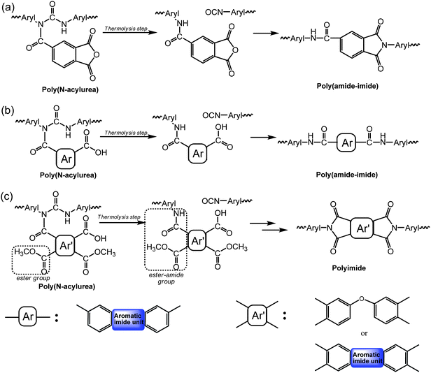 The SSRR mechanism for the synthesis of (a) poly(amide-imide) based on TMA, (b) poly(amide-imide) based on diacid-diimide, and (c) polyimide.