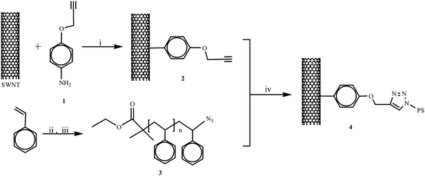 A schematic representation of the preparation of the alkyne-functionalized SWNTs. (i) Isoamyl nitrite, 60 °C; (ii) EBiB, CuBr/BPy, DMF, 110 °C; (iii) NaN3, DMF, room temperature; (iv) Cu(i), DMF.63