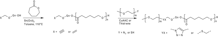General procedure for the synthesis of linear dendritic hybrid block-copolymers by ROP and CuAAC or thiol–ene click chemistry.