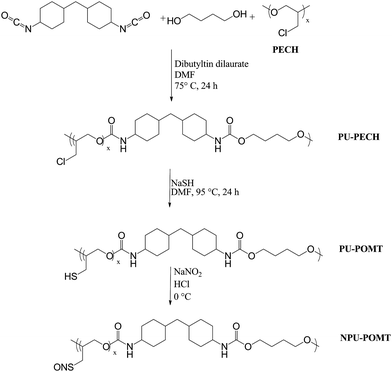 
            Polymerization, substitution, and nitrosation of PU–PECH.