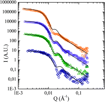 Scattering curves of the polymer coronas (open symbols) and the corresponding fit results with a Pedersen model (solid lines). For the sake of clarity the intensities are shifted by a decade. The estimated different grafted masses are: 50 000 g mol−1 (), × 103; 32 000 g mol−1 (), × 102; 19 000 g mol−1 (), × 10; and 5300 g mol−1 ().