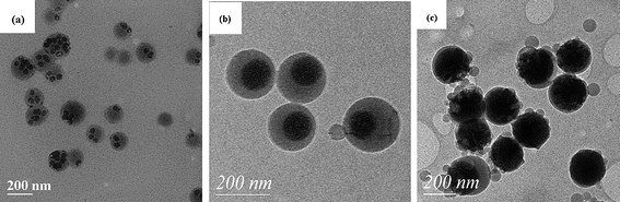 
          TEM photographs of polystyrene/silica nanocomposite spheres using different silica contents: (a) 45 nm silica; (b) 90 nm silica; (c) 200 nm silica. Reprinted with permission from ref. 95. Copyright 2005 American Chemical Society.