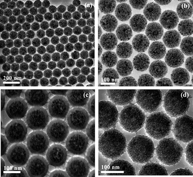 
          TEM images of polystyrene/Fe3O4 nanospheres (a, b) and silica-coated magnetic polystyrene/Fe3O4 nanospheres (c, d). Reprinted with permission from ref. 55. Copyright 2006 American Chemical Society.