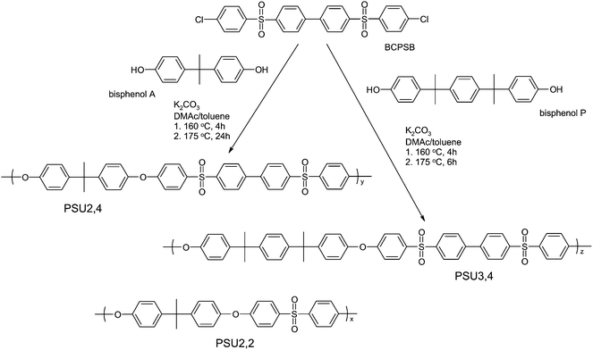 Molecular structures of the PSUs and synthetic pathways to PSU2,4 and PSU3,4via nucleophilic aromatic substitution reactions of BCPSB and bisphenol A and P, respectively.