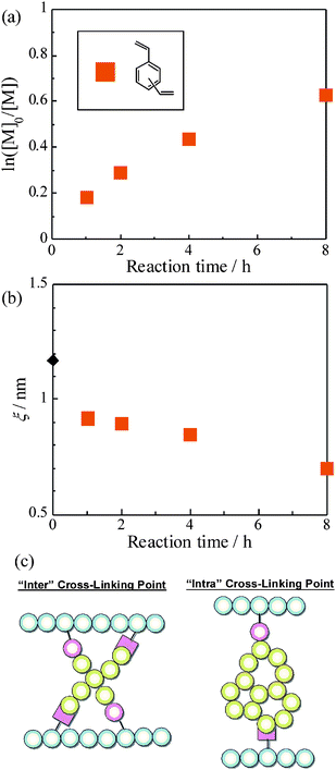 Time dependence of (a) ln([M]0/[M]), and (b) ξ after heating 2b with DVB swollen in anisole ([DVB]/[anisole] = 1/1 (v/v)) at 110 °C. The ξ values were estimated by fitting OZ functions to scattering profiles. (c) Illustrations of “inter” and “intra” cross-linking reactions.