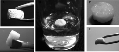 
            Water immersion test. (A) Porous, 3 mm thick stearoyl modified cellulose aerogel sample was immersed in water. (B) The sample floated on the water for 24 h. (C) After 24 h the sample was lifted from water. It maintained its dimensions. (D) The shiny surface, which was in the water, indicates the hydrophobic barrier and shows how water forms droplets and thin layer on the surface instead of absorption. (E) After drying in the air, the sample did not collapse.