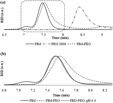 
          GPC traces (a) of coupling of polybutadiene and PEG viahydrazone formation and (b) after incubation of 2 at pH 4.4 the original polybutadiene chain (A) is obtained back.