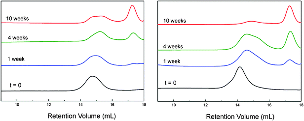 
          GPC
          chromatographs showing the degradation of polymer 2 (left) and polymer 6 (right) at 37 °C in an aqueous buffer solution (pH 7.4). Broadening and decrease in intensity and a shift to longer retention time of the polymer peak are observed alongside an increase in the peak associated with the polyalkylene oxide side chains as they are eliminated from the polymer. Polymer 6, incorporating 25% ethyl glycinate side groups, degrades considerably faster than for polymer 2, with no amino acid ester side groups.
