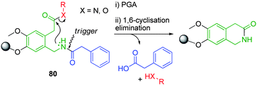PGA mediated cyclisation-elimination of 2-(2-(aminomethyl)-4,5-dimethoxyphenyl)acetyl based solid support 80.107,108