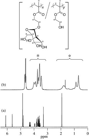 
            1H NMR spectra of ManEMA in CD3OD (a) and poly(ManEMA-co-HEMA) (run no. 5, FManEMA = 0.63) in D2O (b).