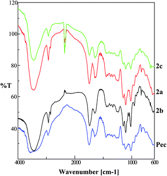 Transmittance FT-IR spectra pectin-linoleate (2c), pectin-oleate (2a), pectin-hydroxyl-oleate (2b) and pectin.