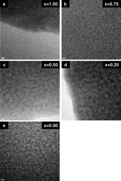 
            HR-TEM images of (a) SNP (x = 1.00), (b) SGNP (x = 0.75) (c) SGNP (x = 0.50), (d) SGNP (x = 0.25) and (e) GNP (x = 0.00) cast on micro-grid (scale bar (left, bottom) is 2 nm).