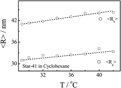 Solution temperature dependence of average radius of gyration (<Rg>) and average hydrodynamic radius (<Rh>) of star chains with 41 arms in cyclohexane.