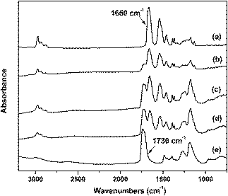 
          FTIR spectra of (a) PNIPAM homopolymer brush; (b–d) mixed polymer brushes: starting from the same height of PNIPAM, after various photopolymerization times for PMAA: (b) 5 min, (c) 10 min, (d) 20 min, and (e) PMAA homopolymer brush.