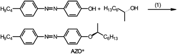 Synthesis of a chiral photo-isomerization dopant. (1) Diethyl azodicarboxylate, (DEAD), triphenylphosphine (TPP), tetrahydrofuran (THF).