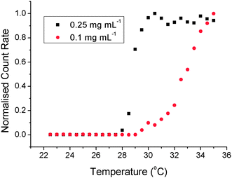 Determination of the LCST in dilute solution using dynamic light scattering for P1 in PBS.