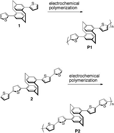 Synthesis of polymers P1 and P2 by electrochemical polymerization.