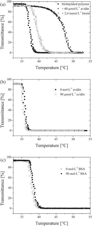 Temperature dependent transmittance of biotinylated polymer in phosphate buffered saline PBS (concentration 2.0 g L−1). (a) Clouding curves of a biotinylated polymer before and after addition of avidin and after subsequent addition of free biotin. (b) Clouding curves of the non-biotinylated polymer before and after addition of avidin. (c) Clouding curves of the biotinylated polymer before and after addition of BSA.