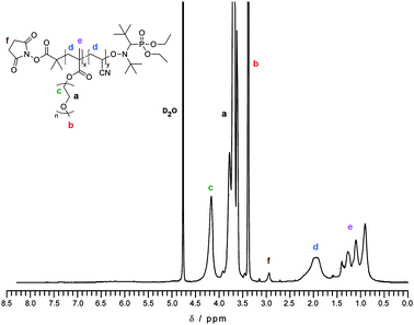 
            1H NMR spectrum in D2O of purified NHS–poly(MePEGMA-co-AN) copolymer (P1).